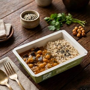 Strogonoff berinjela e grão-de-bico e arroz integral - VEGANA